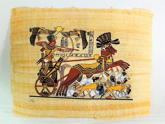 ヴィンテージ手描きエジプトパピルス、戦車に乗ったラムセス2世
