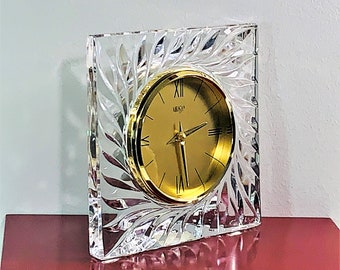 Large Mikasa© Germany Fine Slovenian Crystal Mantel Clock, 8" Square, 5" Golden Dial, Rare Edition. Mint Condition. Free US Shipping.