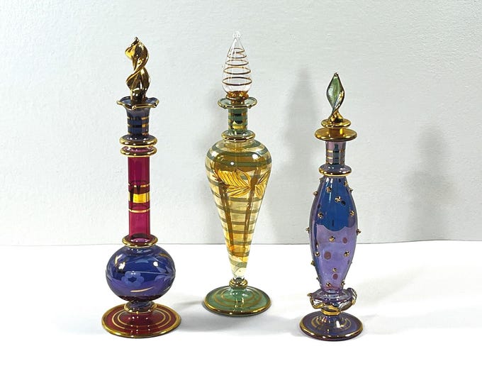 Vintage Set of Three Egyptian Hand Made - Blown Glass Perfume Bottles, Etched Patterns, Gold Leaf Accents, 7" & 2/ 8" T. Free US Shipping.