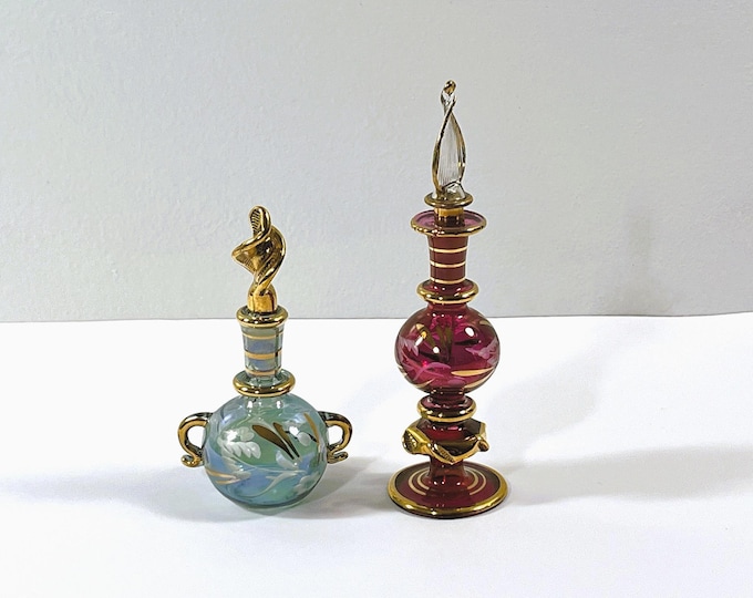 Vintage Set of Two Egyptian Hand Made - Blown Glass Perfume Bottles, Etched Patterns, Gold Leaf Accents, 4.5" & 6" T. Free US Shipping.