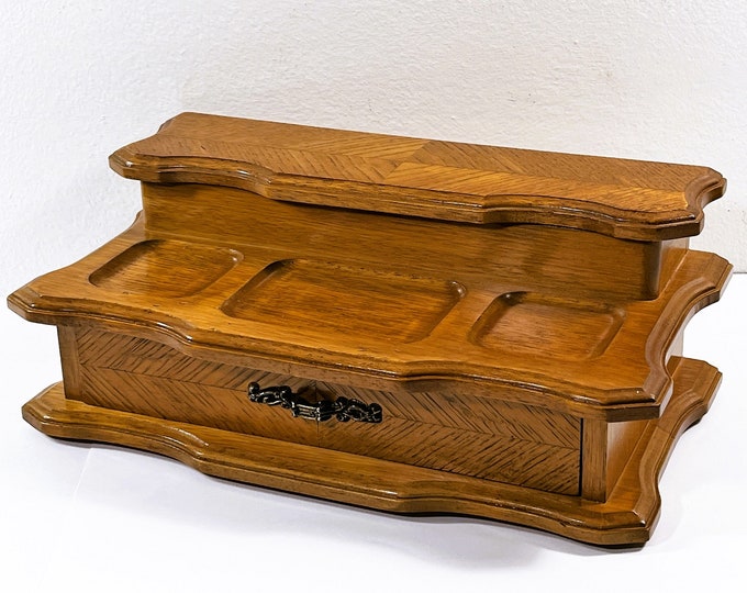 Vintage Carved Walnut Jewelry Desk Valet Box, Top Section W/Lid. Rings Slots, Wide Padded Drawer, 12" W. 6.5" L. Restored. Free US Shipping