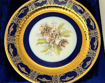 Vintage Collectible Czechoslovakian Carlsbad "Porcelaine Fine De Boheme" Cobalt Blue & Gold Plate, Mint in Original Box. Free US Shipping