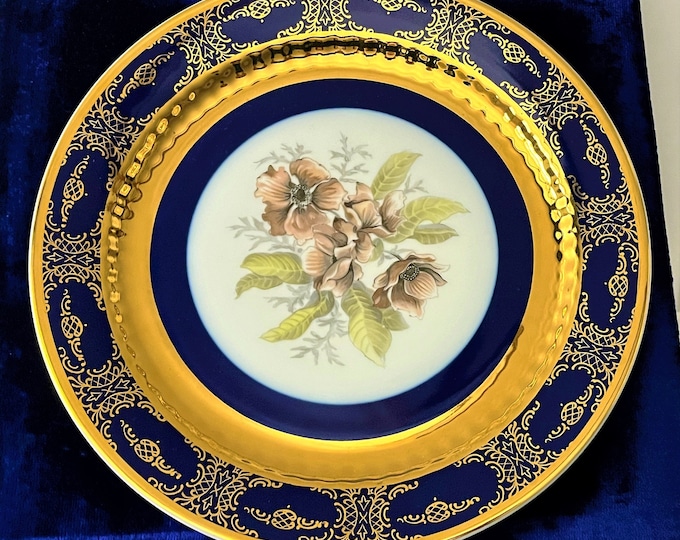 Vintage Collectible Czechoslovakian Carlsbad "Porcelaine Fine De Boheme" Cobalt Blue & Gold Plate, Mint in Original Box. Free US Shipping