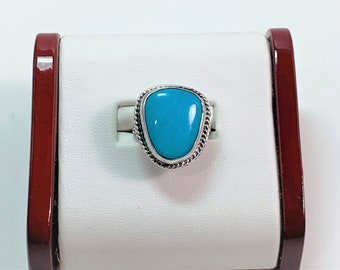 Antique Mediterranean Sterling Silver Blue Turquoise Ring, Large 18X15 Bezel Set Stone, Polished & Cleaned, Size 7 1/4. Free US Shipping.