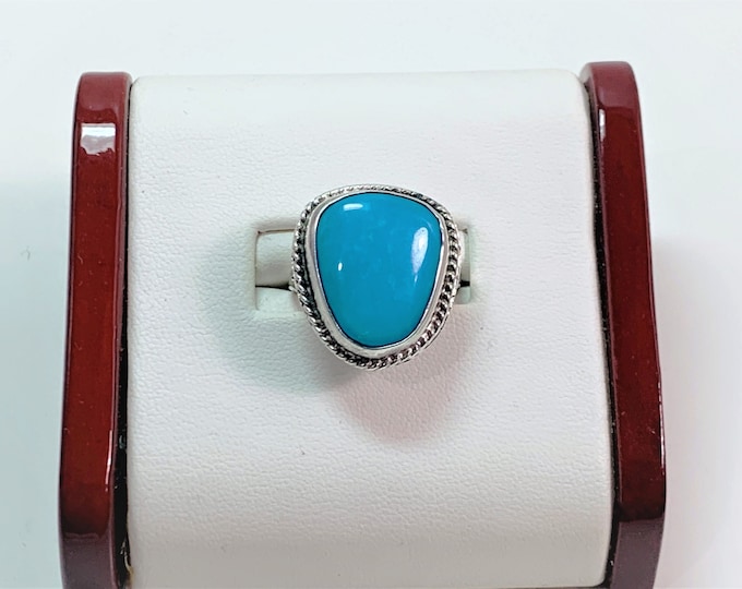 Antique Mediterranean Sterling Silver Blue Turquoise Ring, Large 18X15 Bezel Set Stone, Polished & Cleaned, Size 7 1/4. Free US Shipping.