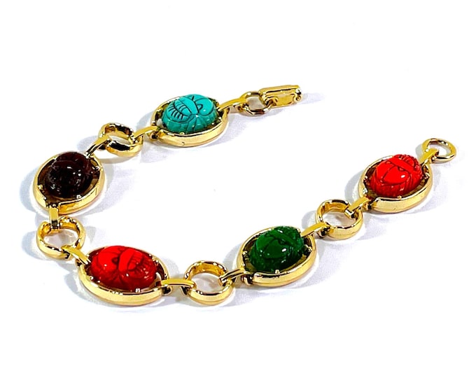 Vintage Gold Tone Egyptian Scarab Bracelet, 5 Multi Color Scarabs 12X10mm, Fold Clasp, Excellent Condition. 7.5" L. Free US Shipping