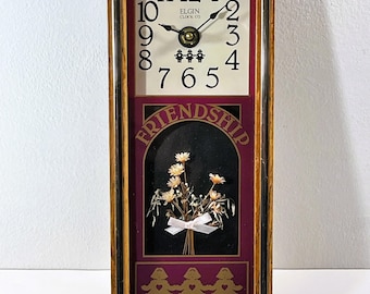 Vintage Elgin USA Clock Co. Wall Novelty Clock “Friendship”, Patterned Colorful Glass, 3D Flowers, 13" T, 5", Restored, Free US Shipping.