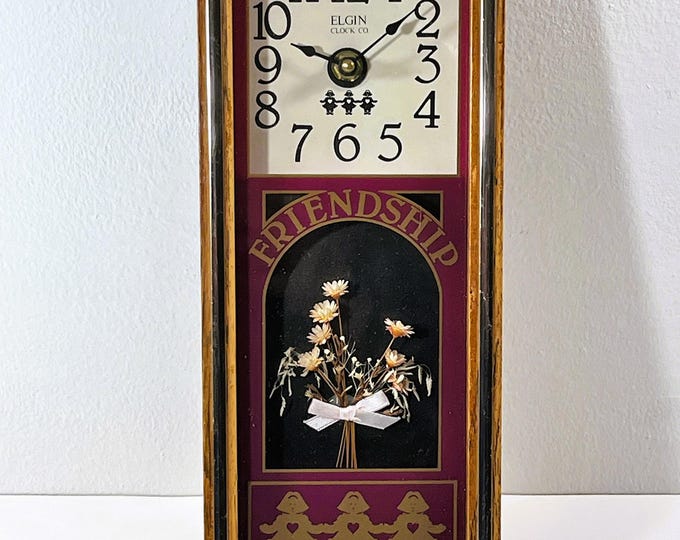 Vintage Elgin USA Clock Co. Wall Novelty Clock “Friendship”, Patterned Colorful Glass, 3D Flowers, 13" T, 5", Restored, Free US Shipping.