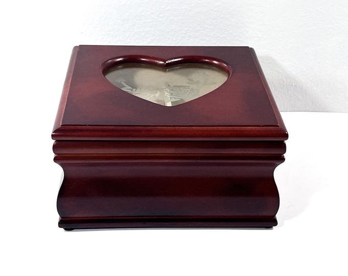 Vintage Croft & Barrow Carved Wood Jewelry Box, Heart Shape Window W/ Etched Rose, Ring Section, 6.5" Sq. 3.5" H, Restored, Free US Shipping