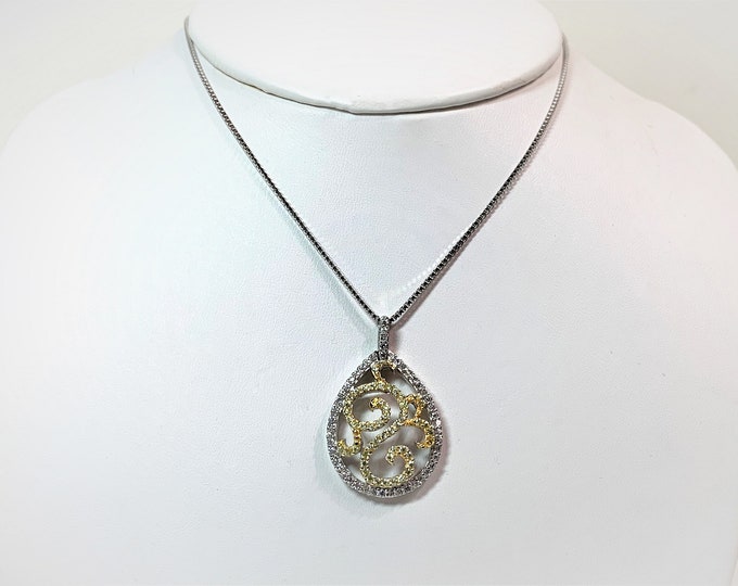 Sterling Silver Glamorous Necklace, Two Tone Slide Covered with Hand Set Brilliant CZ, 1 1/4" L- 5/8" W, 18" Box Chain, Rhodium. Fine Craft.