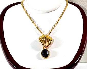 Vintage Black Onyx Scarab Necklace: 18K Gold Overlay, 30" Rolo Chain