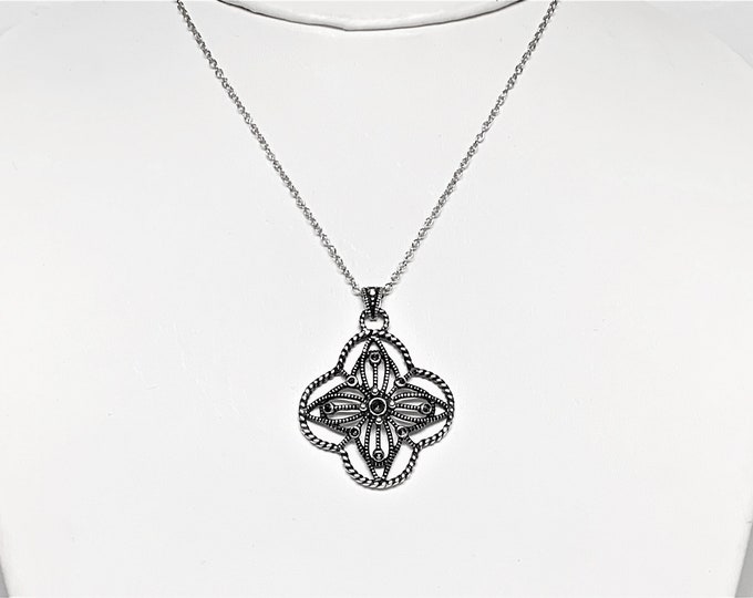 Sterling Silver Marcasite Hand Crafted Cross Necklace, Unique Filigree Work, 1 3/8" L. 1" W, 18" Sterling Fine Chain. Free US Shipping.