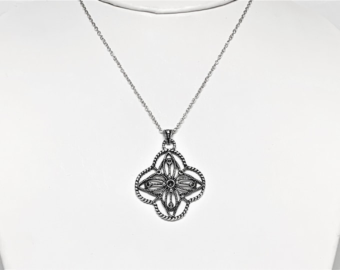 Sterling Silver Marcasite Hand Crafted Cross Necklace, Unique Filigree Work, 1 3/8" L. 1" W, 18" Sterling Fine Chain. Free US Shipping.