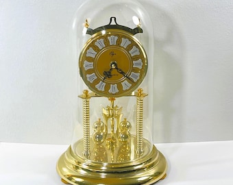 Vintage Elgin Japan Anniversary Clock, Colonial Dial, Glass Dome, Serpentine Hands, Sphere Pendulum, 12" T. 8" B, Serviced, Free US Shipping