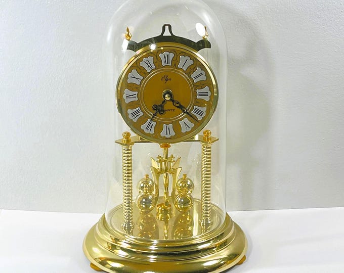 Vintage Elgin Japan Anniversary Clock, Colonial Dial, Glass Dome, Serpentine Hands, Sphere Pendulum, 12" T. 8" B, Serviced, Free US Shipping