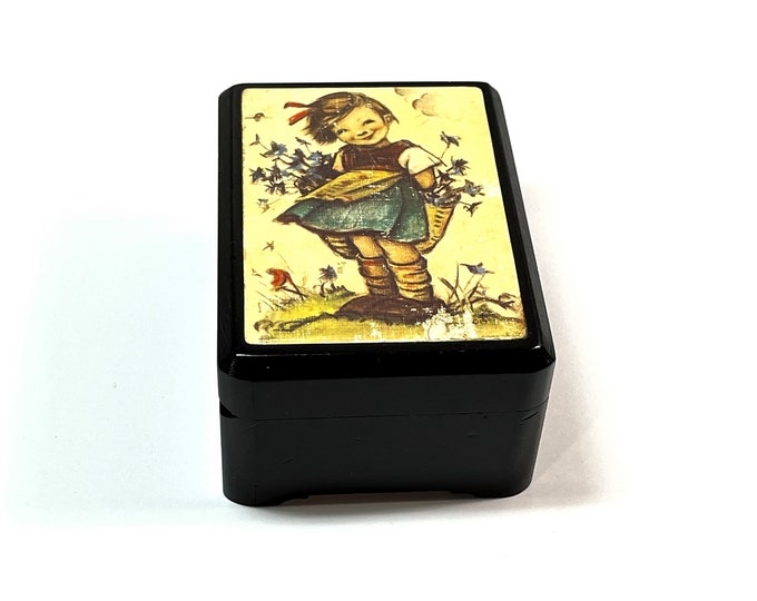 Vintage Reuge Swiss Music Box, Tune "The Magic Flute" No. 5352, Carved Wood, Hummel Art, 4.25" W. 3.25" L. VG Condition. Free US Shipping