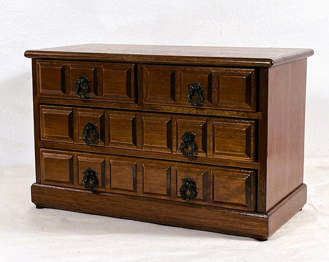 Vintage Carved Rosewood Musical Jewelry Chest, Plays "Edelweiss", 4 Padded Drawers, 10 1/2" W. 6.5" H. 5" L, Restored, Free US Shipping.