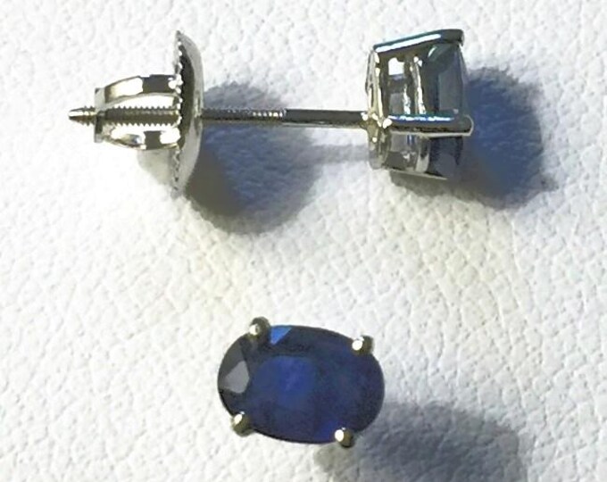 14k White Gold Blue Sapphire Studs, Natural Sapphire Gemstone T.W 1.45 carats. 6.2 X 4.2 mm, Screw Backs For Pierced Ears. Free US Shipping.