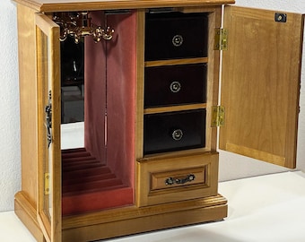 Vintage Unique Oak Wood Jewelry Armoire, 2 Doors, Hangers, Rings Section, Mirror, 4 Drawers. 11.5" T. 9.5" W. Free US Shipping