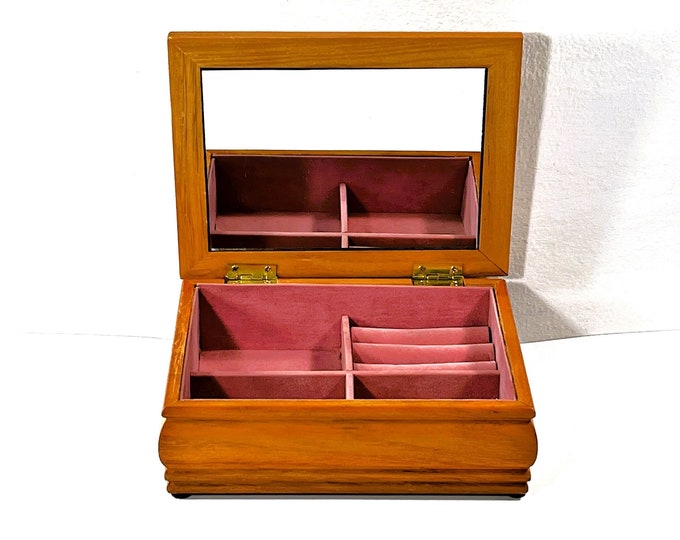 Golden Oak Wood Jewelry Box, Hinged Cushioned Floral Canvas, Mirror, Rings Section & Compartments, 7" W. 5.5" L. Restored , Free US Shipping