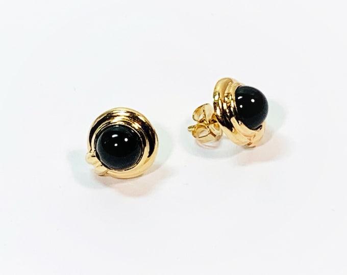 14K Yellow Gold & Black Onyx Stud Earrings, 2.80 Grams. 12mm Diameter, 7mm Round Cabochon Onyx, High Polish, Strong Backs. Free US Shipping.