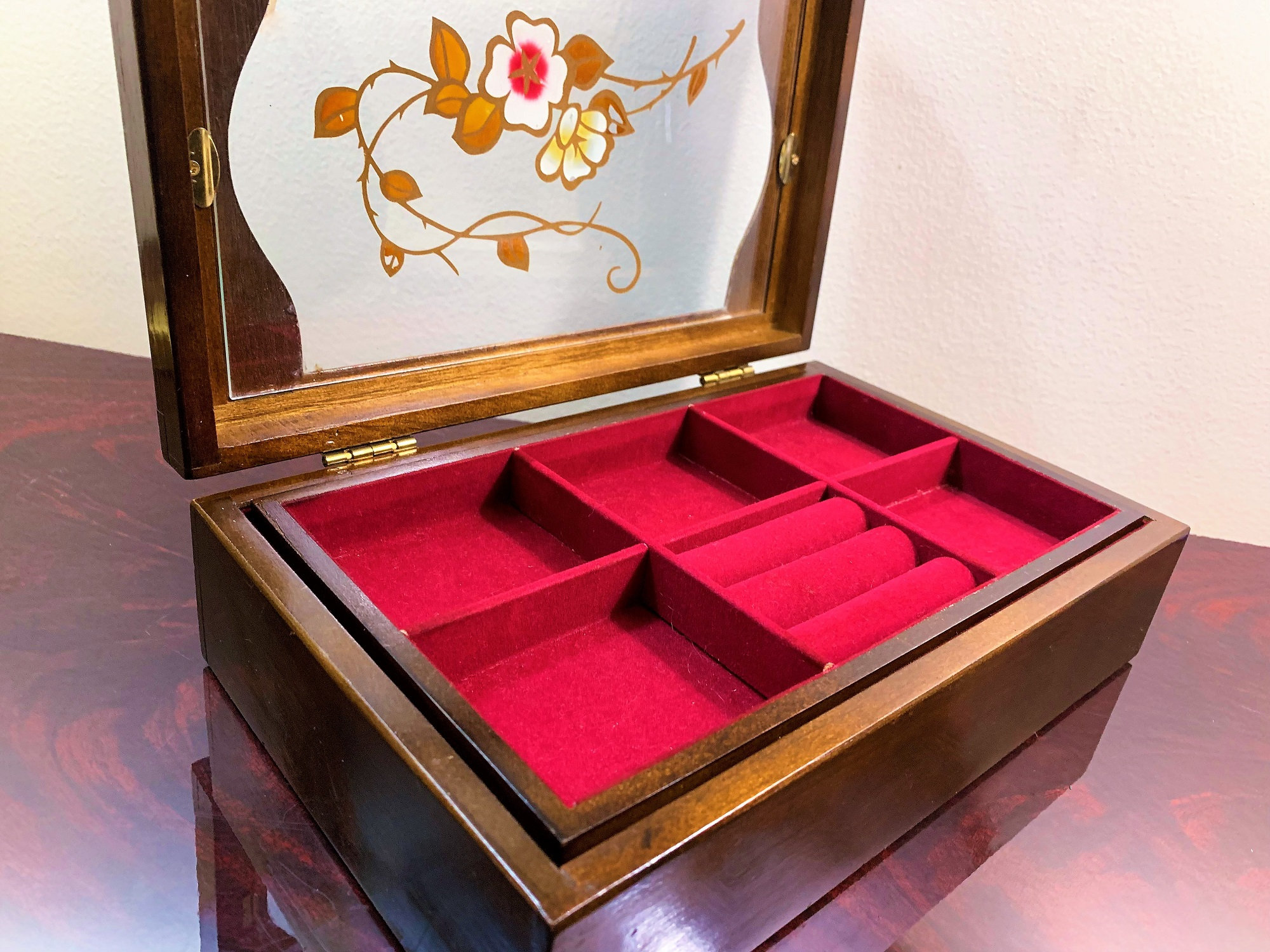 Vintage Solid Wood Jewelry Box Storage, Stained Glass Top, Removable