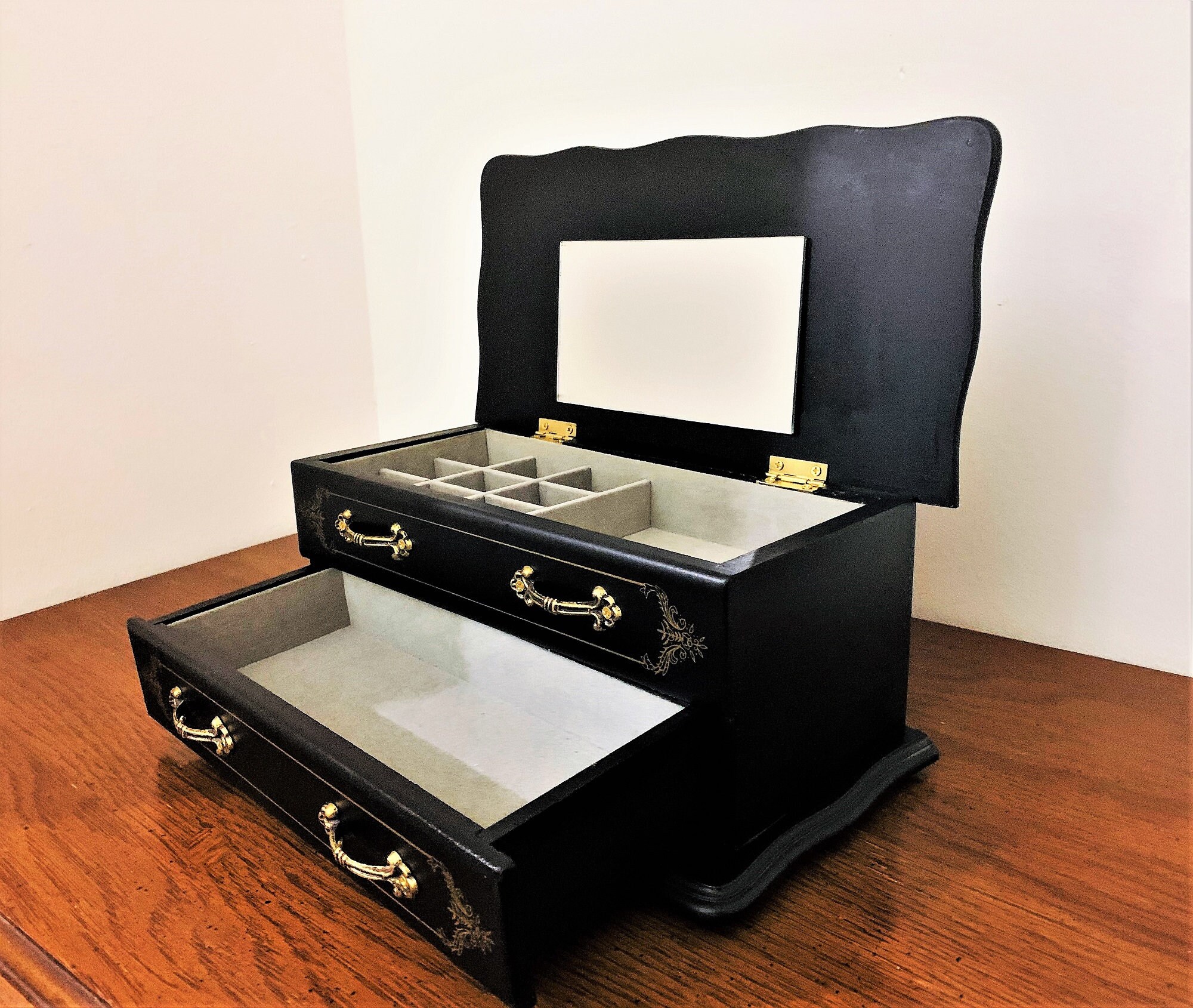 Vintage Wood Jewelry Box, Hinged Lid W/Mirror, Padded Sections & Wide