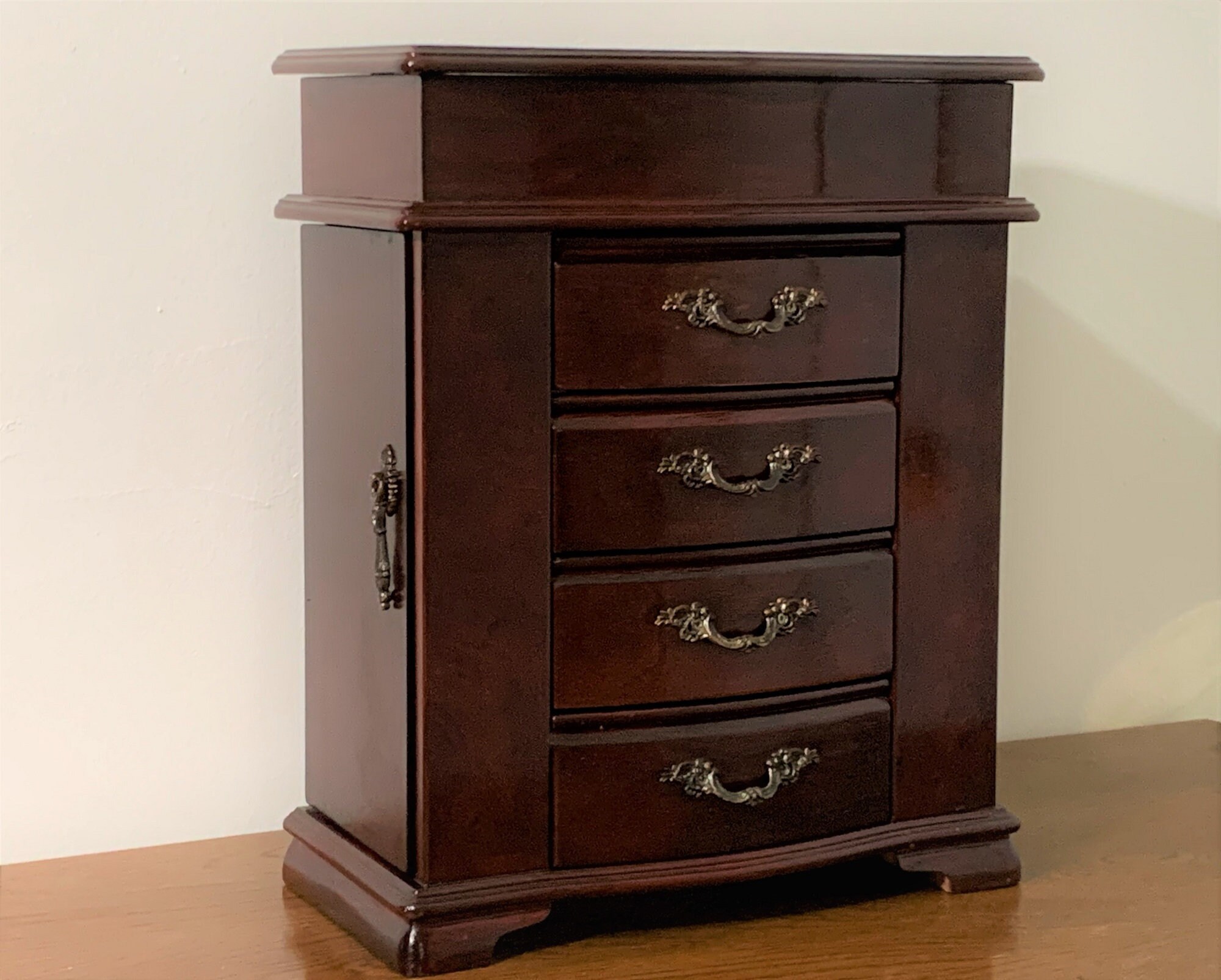 Vintage Solid Wood Jewelry Armoire , Hinged Lid W/Large Mirror