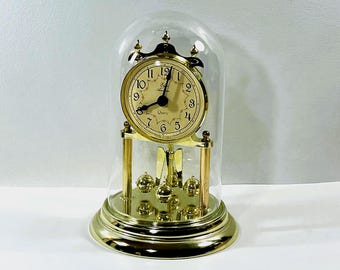Elgin™ American Anniversary Clock, Glass Dome, Rotating Pendulum, Triple Finial Crown, Made in USA, 9" T. 6" W, Serviced, Free US Shipping