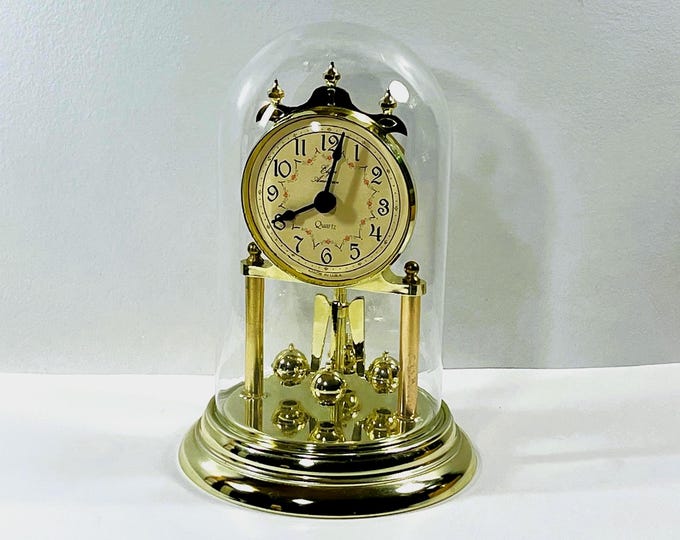 Elgin™ American Anniversary Clock, Glass Dome, Rotating Pendulum, Triple Finial Crown, Made in USA, 9" T. 6" W, Serviced, Free US Shipping
