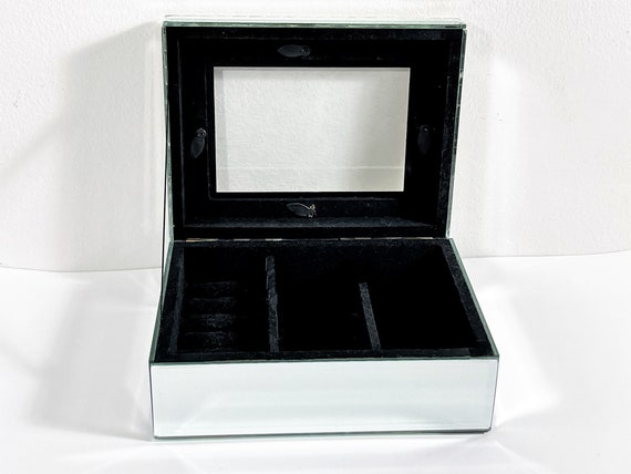 Vintage Mirrored & Jeweled Jewelry Box, Black Lin… - image 2