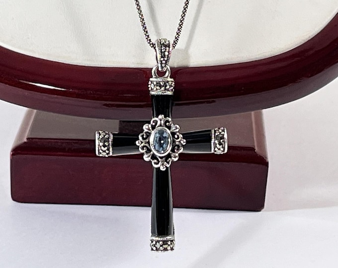 Vintage Sterling Silver Marcasite, Black Onyx & Aqua Cross Necklace. 2.25" X 1.5" Cross. 18" Mesh Rope Chain. Refinished. Free US Shipping