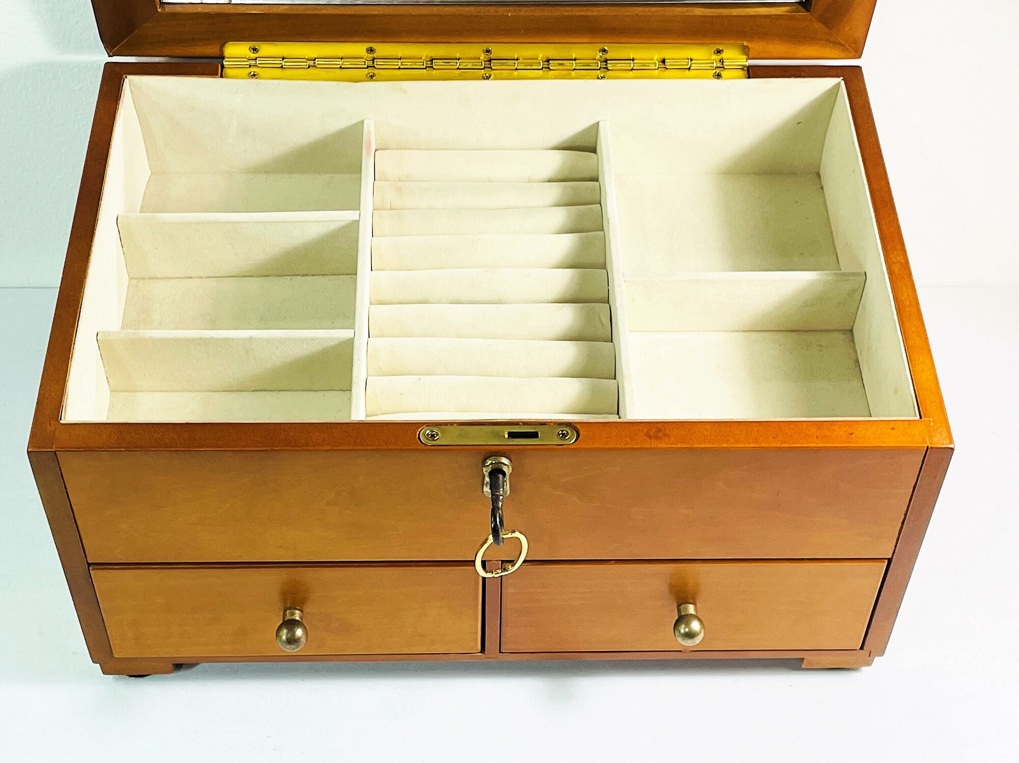 Vintage Large Wood Jewelry Chest, Key Lock, 13 W. 8.5 L. 7 T. Large