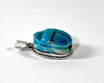 Vintage Estate Scarab Pendant, Authentic Egyptian Blue Glazed Scarab 18X13mm, Sterling Handmade Bezel Setting, 1" Long, Free US Shipping