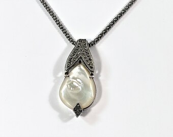 Sterling Silver Large Natural Pear shape Pearl Shell 30 X 22 mm, 4.5mm Thick, Marcasite Accents, Sterling 18" Mesh Chain. Free US Shipping