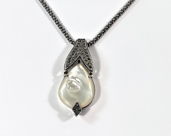 Sterling Silver Large Natural Pear shape Pearl Shell 30 X 22 mm, 4.5mm Thick, Marcasite Accents, Sterling 18" Mesh Chain. Free US Shipping