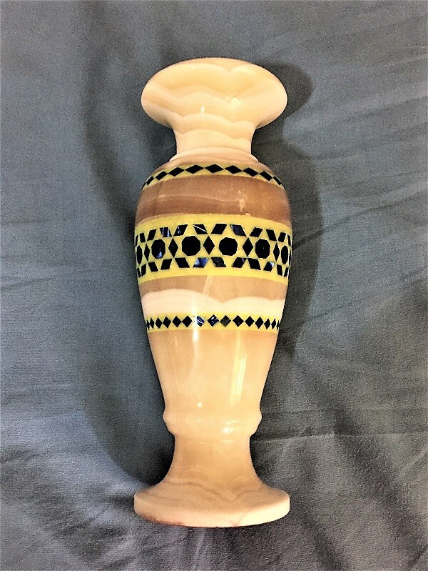 Vintage Hand Made Egyptian Alabaster Vase, Inlaid Different Colors Mother Of Pearl, one Of a