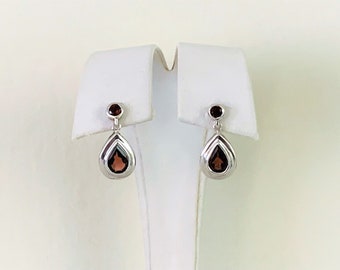Sterling Silver Red Garnet Gemstone Drop - Dangle Earrings, High Polish, Round & Pear Shape Garnet 3.20 carats, 7/8" Drop. Free US Shipping
