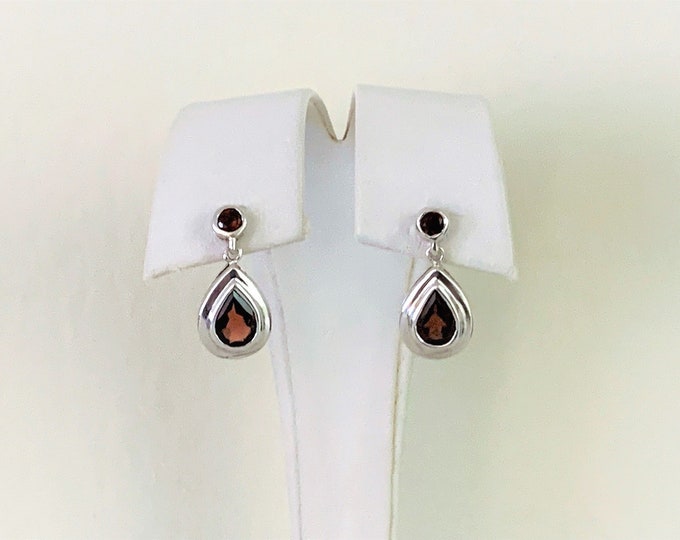 Sterling Silver Red Garnet Gemstone Drop - Dangle Earrings, High Polish, Round & Pear Shape Garnet 3.20 carats, 7/8" Drop. Free US Shipping