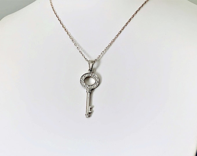 Sterling Silver NF Key Necklace, 1 3/8" Key, Accented with 12 Faceted Clear CZ, 18" Long Link Chain. Free US Shipping..