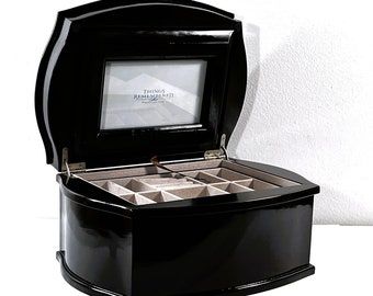 VTG Things Remembered™ Large Wood Jewelry Box, Espresso Finish, Movable Tray, Inside Picture Frame, 11" W. 8" L. Restored, Free US Shipping
