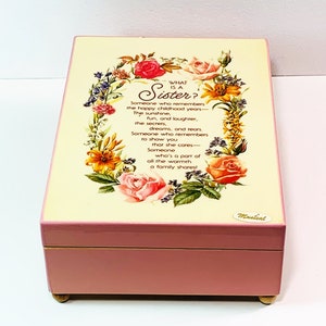 Vintage Sankyo Music Box. Tune: Sound Of Music. Varnished Wood, Floral Top W/ What Is A Sister Quote, 7&quot; L. 5&quot; W. Restored. Free US Shipping