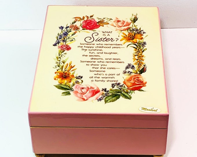 Vintage Sankyo Music Box. Tune: Sound Of Music. Varnished Wood, Floral Top W/ What Is A Sister Quote, 7" L. 5" W. Restored. Free US Shipping