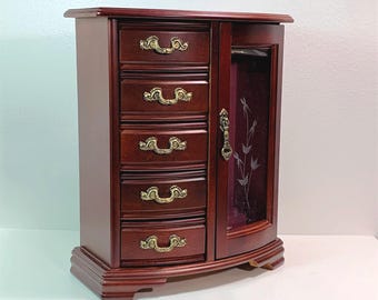 Vintage Large Red Mahogany Wood Jewelry Armoire, Etched Glass Door, Hangers, 5 Padded Drawers, 12.5" Tall, 10" W. Restored. Free US Shipping