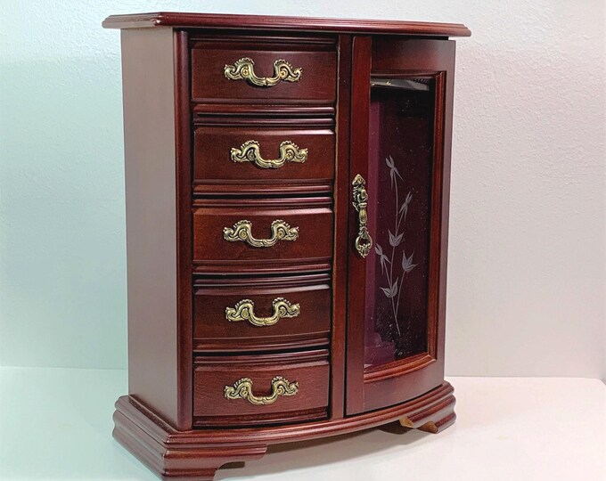 Vintage Large Red Mahogany Wood Jewelry Armoire, Etched Glass Door, Hangers, 5 Padded Drawers, 12.5" Tall, 10" W. Restored. Free US Shipping