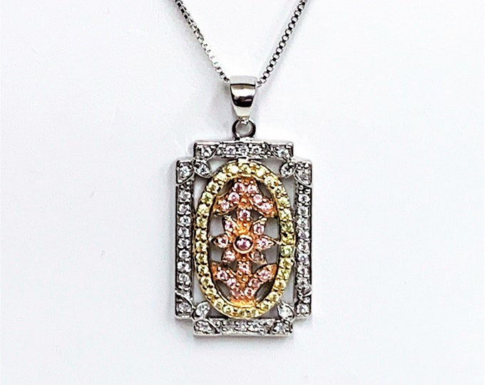 Sterling Silver Yellow & Rose Gold Vermeil Filigree Pendant Necklace, Clear - Colored Faceted CZ, 20" Box Chain, Italy. Free US Shipping