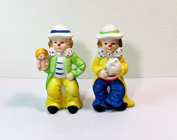 Vintage J. Vasquez Fine China Collection, Pair of Little Dressed Up Clowns, No. P9580. 4.5" T. 2.5" W. Good Condition. Free US Shipping.