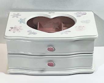 Vintage Wood Sweetheart Jewelry Box, Heart Shape Window, Painted Flowers, Padded Sections & Drawer. 9.5" W. 5.5" L. 5" H. Free US Shipping