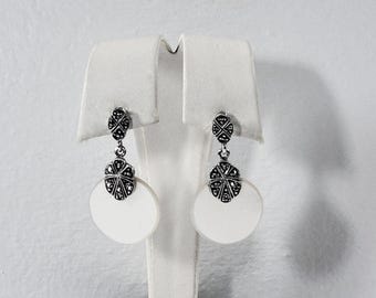 Vintage Sterling Silver Mother of Pearl & Marcasite Dangle Earrings, Victorian Style, 1.5" long, 7 Grams, Refinished. Free US Shipping.
