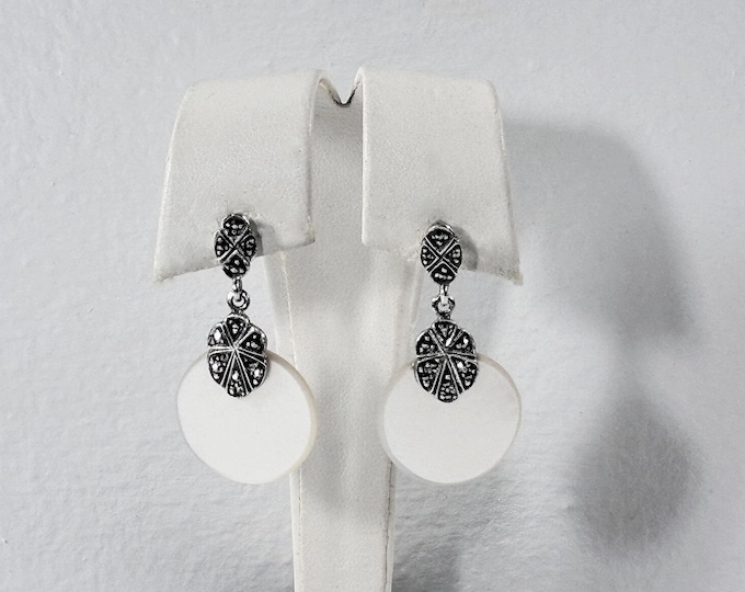 Vintage Sterling Silver Mother of Pearl & Marcasite Dangle Earrings, Victorian Style, 1.5" long, 7 Grams, Refinished. Free US Shipping.